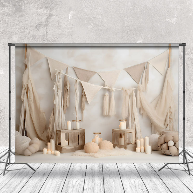 Aperturee - Ivory Beige Boho Theme Birthday Cake Smash Backdrop