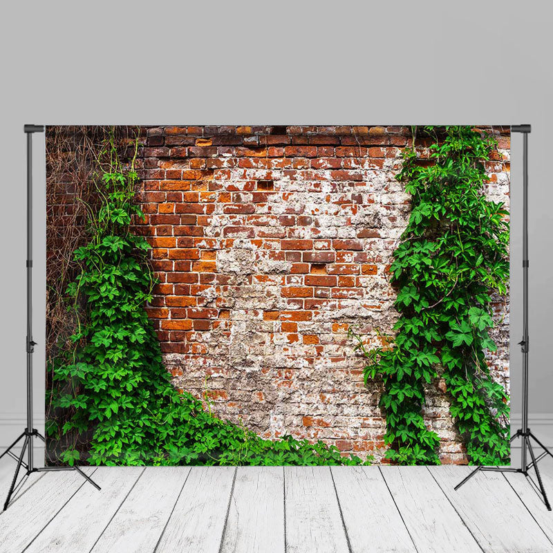 Aperturee - Ivy Green Leaves Vintage Red Brick Wall Backdrop