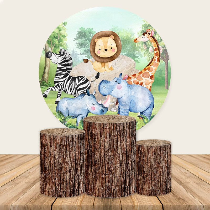 Aperturee Jungle Animals And Green Forest Round Birthday Backdrop Kit