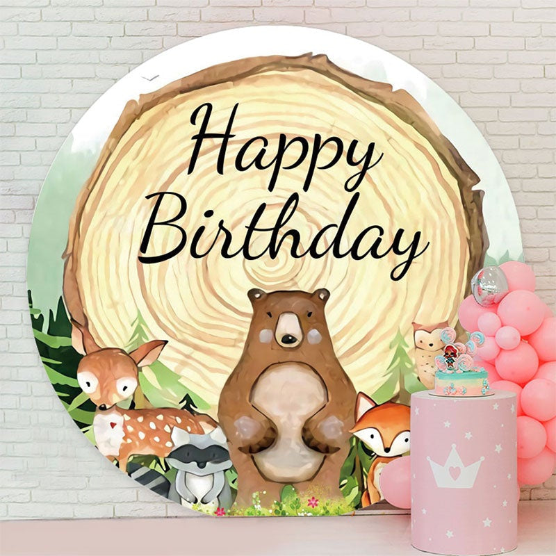 Aperturee - Jungle Animals And Log Wood Round Birthday Backdrop