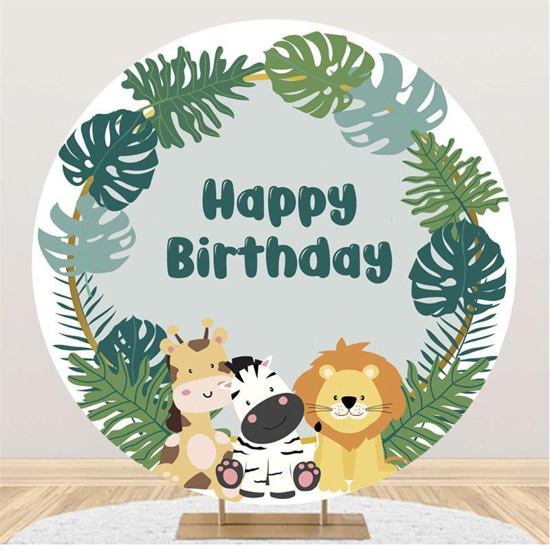 Aperturee Jungle Animals Leaves Circle Happy Birthday Backdrop