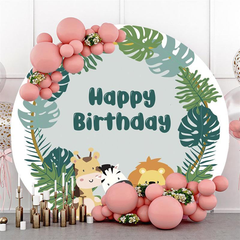 Aperturee Jungle Animals Leaves Circle Happy Birthday Backdrop