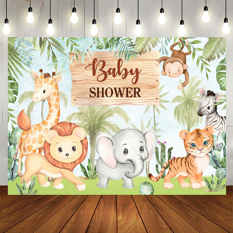 Aperturee - Jungle Cute Animals And Green Trees Baby Shower Backdrop