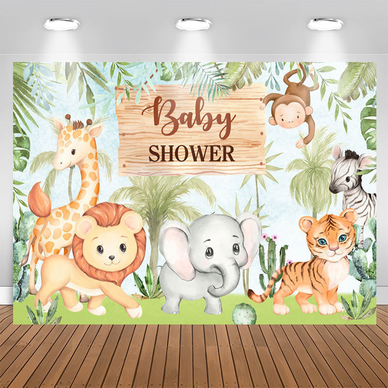 Aperturee - Jungle Cute Animals And Green Trees Baby Shower Backdrop