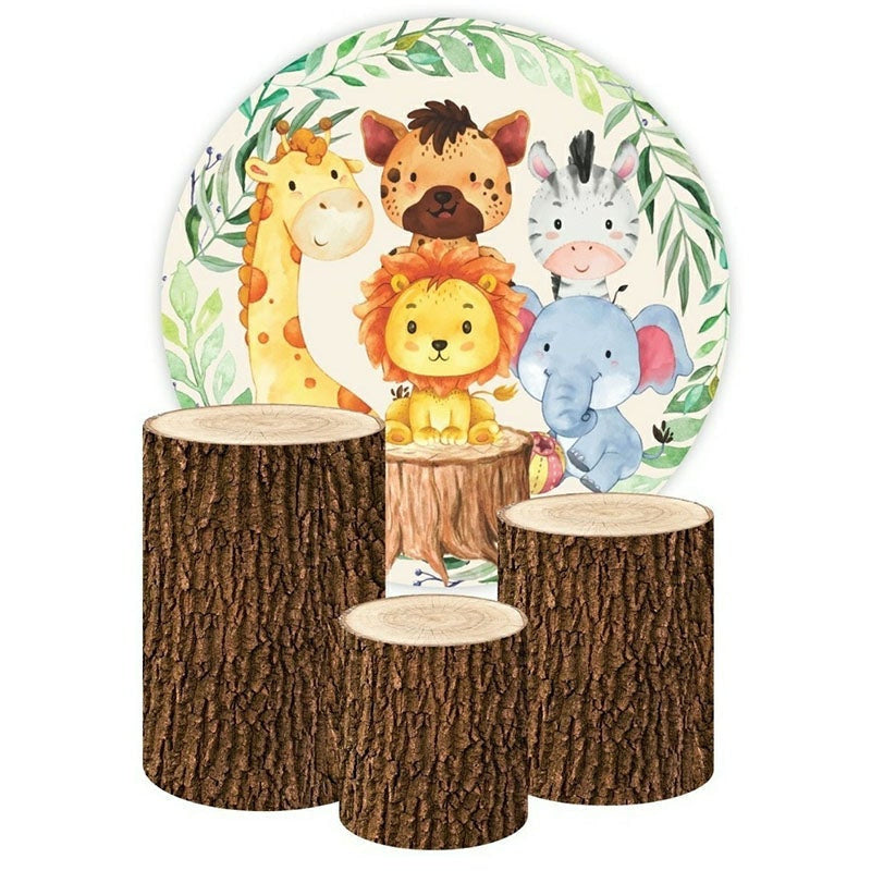 Aperturee Jungle Cute Animals Round Happy Birthday Backdrop Kit