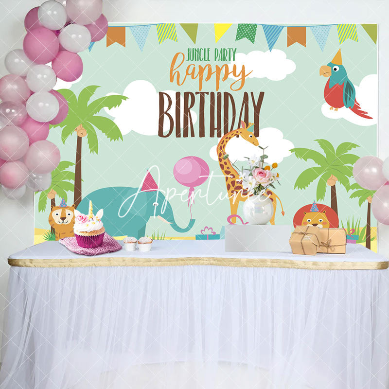 Aperturee - Jungle Party Lovely Animals Happy Birthday Backdrop