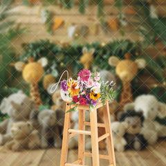 Aperturee - Jungle Safari Animal Doll Wooden Backdrop For Photo