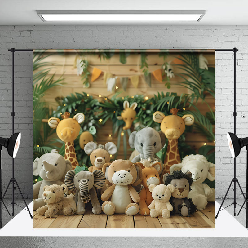 Aperturee - Jungle Safari Animal Doll Wooden Backdrop For Photo