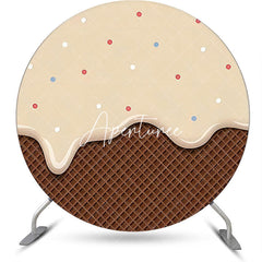 Aperturee - Khaki Cream Brown Plaid Dots Round Birthday Backdrop