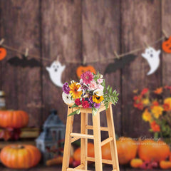 Aperturee - Kids Pumpkin Halloween Autumn Brown Wood Backdrop