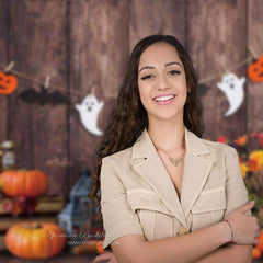 Aperturee - Kids Pumpkin Halloween Autumn Brown Wood Backdrop