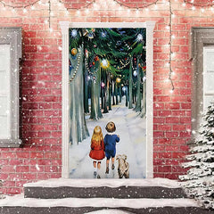 Aperturee - Kits And Dog Forest Path Snow Christmas Door Cover