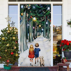 Aperturee - Kits And Dog Forest Path Snow Christmas Door Cover