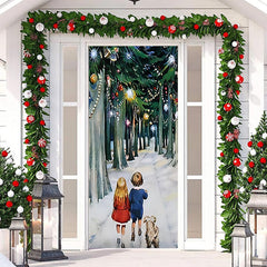 Aperturee - Kits And Dog Forest Path Snow Christmas Door Cover