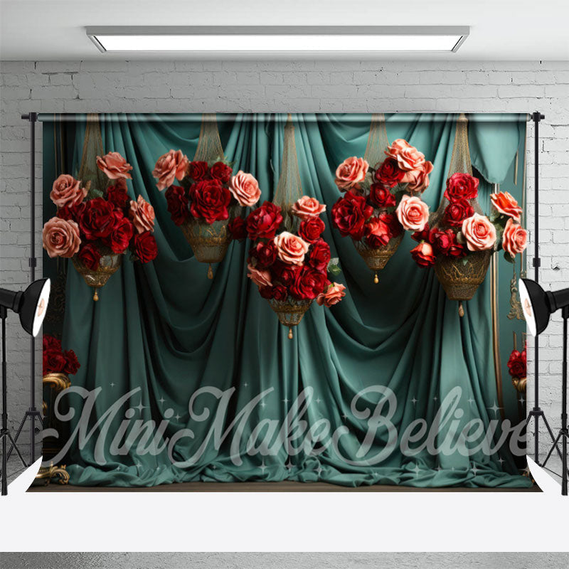 Aperturee - Lake Green Curtain Roses Basket Floral Backdrop