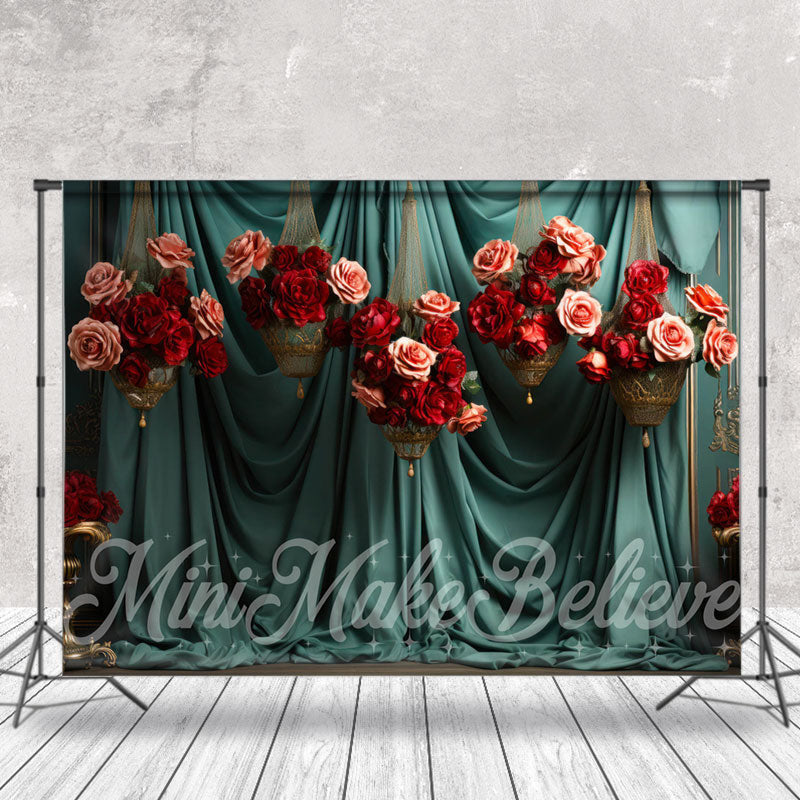 Aperturee - Lake Green Curtain Roses Basket Floral Backdrop