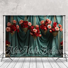 Aperturee - Lake Green Curtain Roses Basket Floral Backdrop