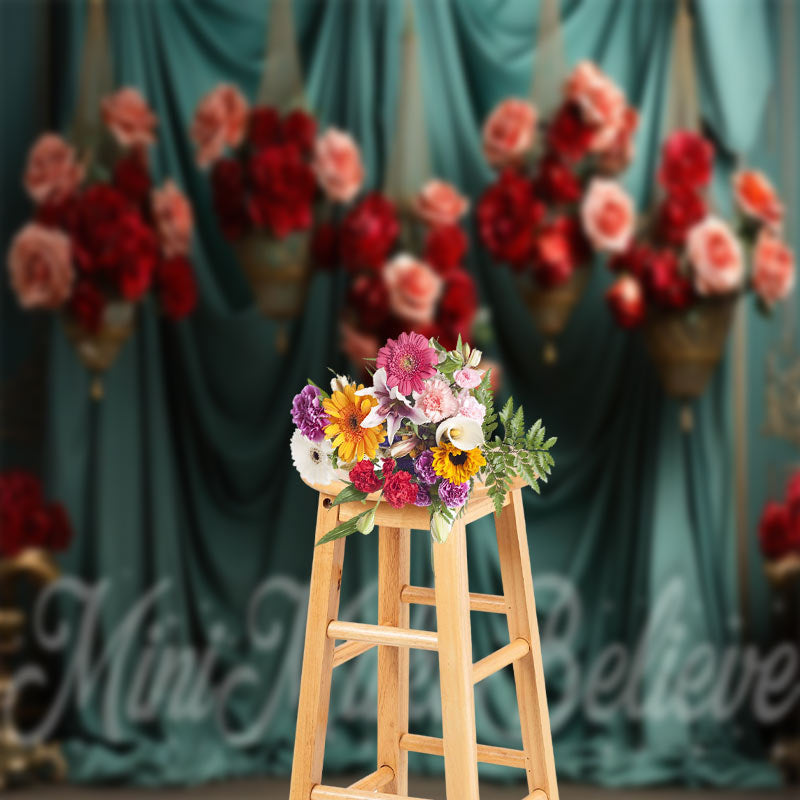 Aperturee - Lake Green Curtain Roses Basket Floral Backdrop