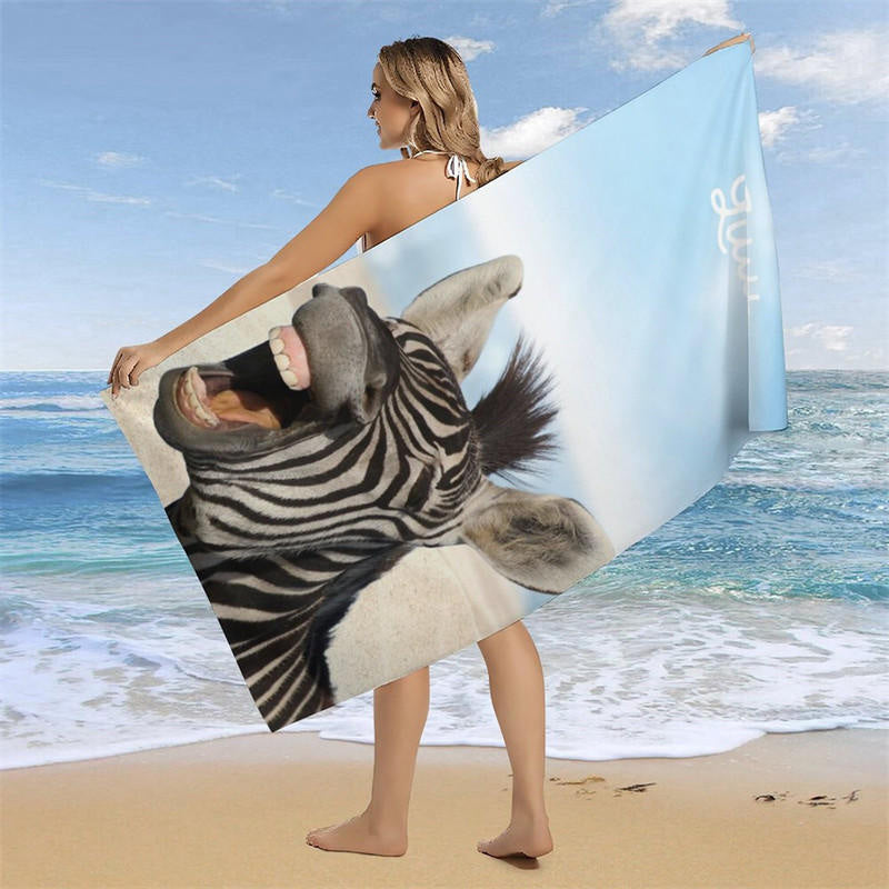 Aperturee - Laughing Zebra Sand Bokeh Blue Sky Custom Beach Towel