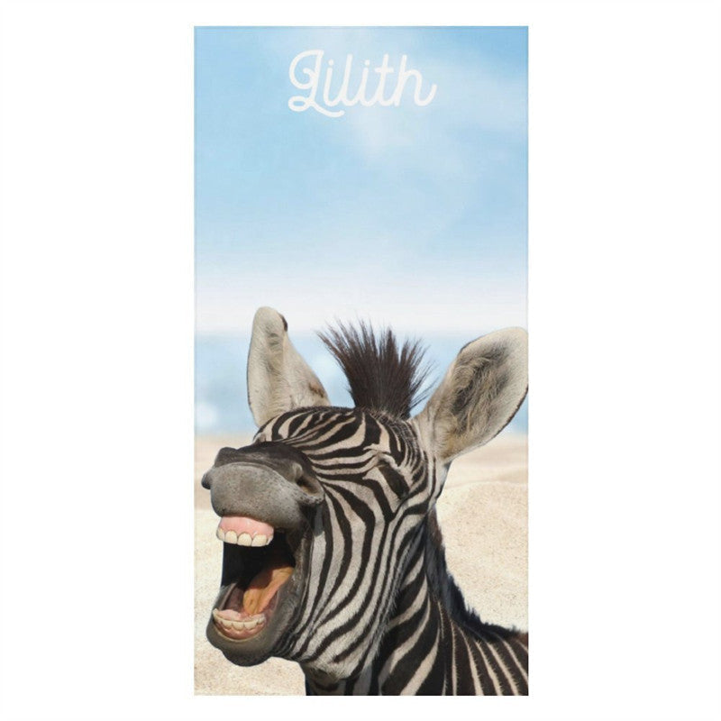 Aperturee - Laughing Zebra Sand Bokeh Blue Sky Custom Beach Towel