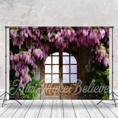 Aperturee - Lavender Green Leaves Vintage Wooden Door Backdrop