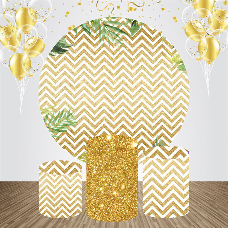 Aperturee - Leaf Gold Wavy Pattern Round Birthday Backdrop Kit