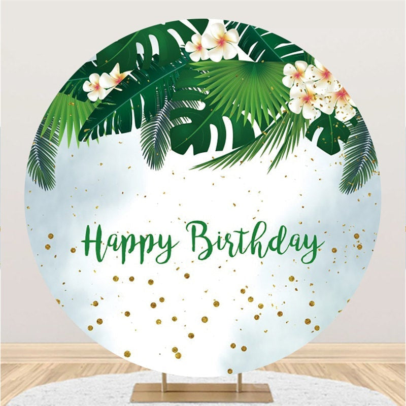 Aperturee Leaves And White Flower Circle Happy Birthday Backdrop