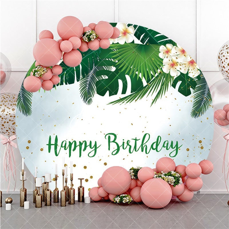 Aperturee Leaves And White Flower Circle Happy Birthday Backdrop