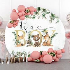 Aperturee - Leaves Animals Round Baby Shower Backdrop For Boy