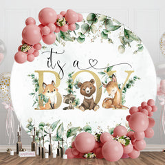 Aperturee - Leaves Animals Round Baby Shower Backdrop For Boy