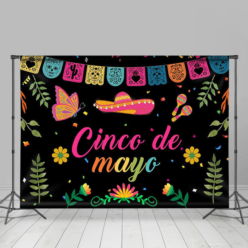 Aperturee - Leaves Black Pink Cinco De Mayo Mexican Fiesta Backdrop