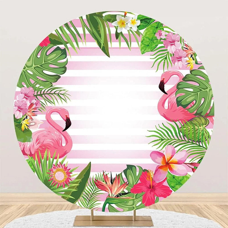 Aperturee - Leaves Floral Flamingo Stripe Round Summer Backdrop