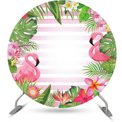 Aperturee - Leaves Floral Flamingo Stripe Round Summer Backdrop