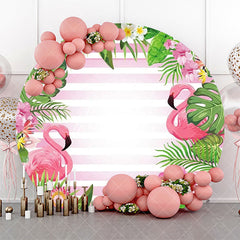 Aperturee - Leaves Floral Flamingo Stripe Round Summer Backdrop