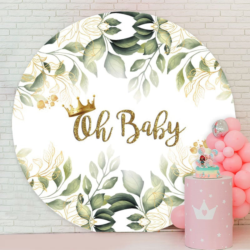 Aperturee - Leaves Gold Glitter Oh Baby Circle Baby Shower Backdrop