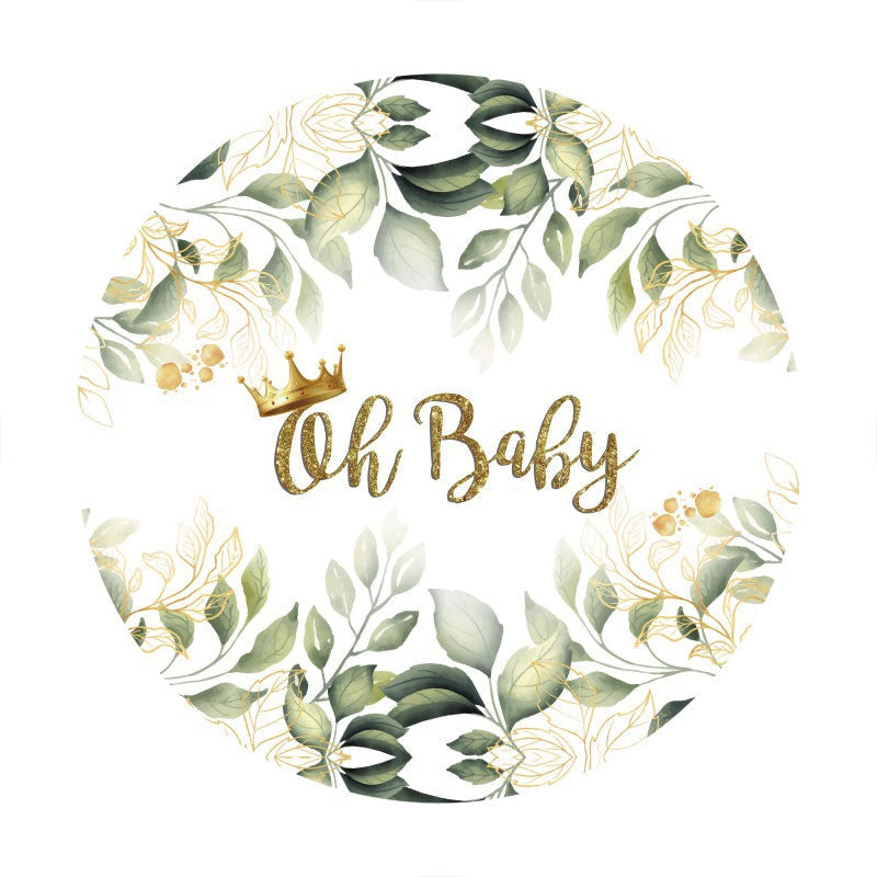 Aperturee - Leaves Gold Glitter Oh Baby Circle Baby Shower Backdrop