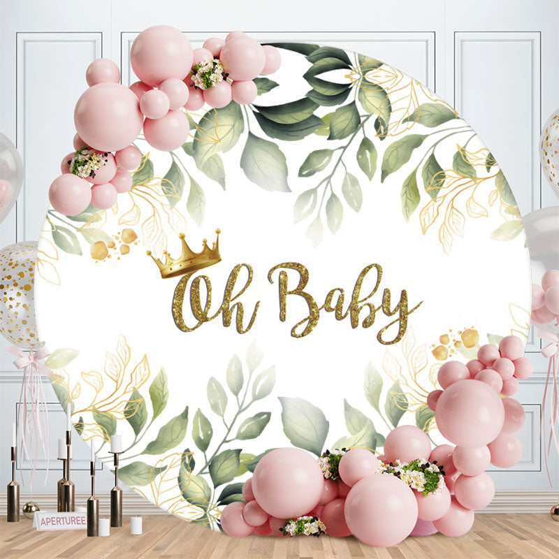 Aperturee - Leaves Gold Glitter Oh Baby Circle Baby Shower Backdrop