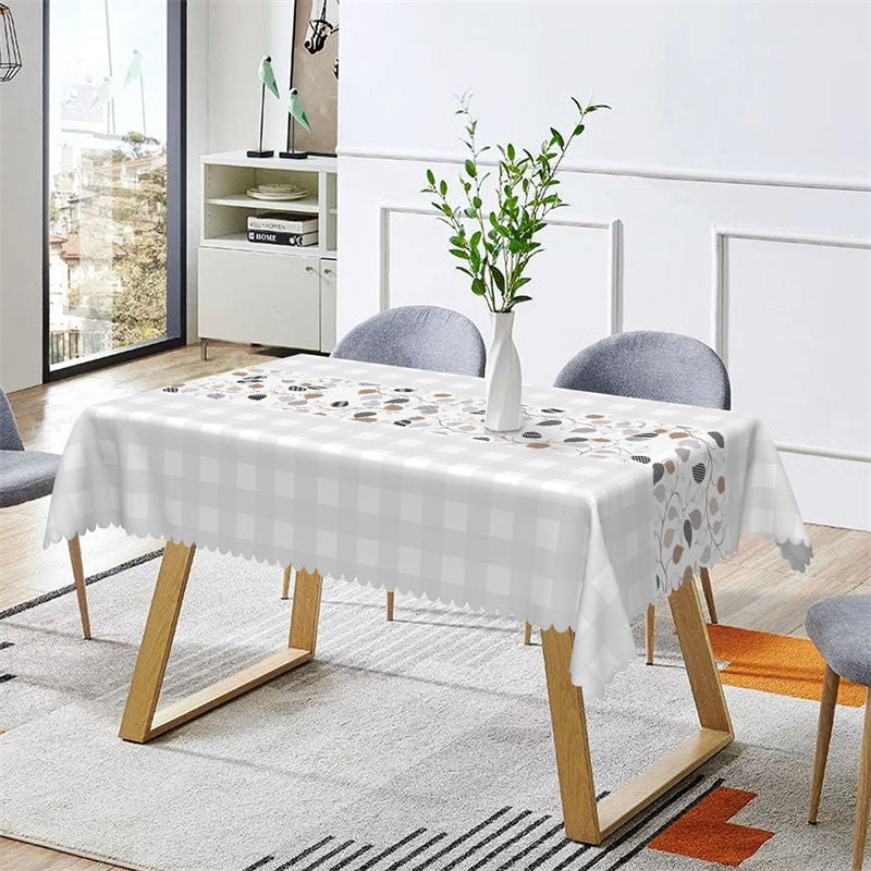 Aperturee - Leaves Light Grey White Plaid Rectangle Tablecloth