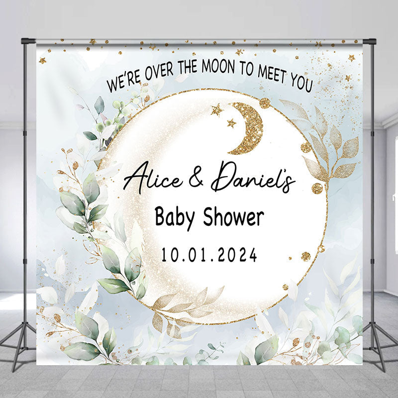 Aperturee - Leaves Moon Twins Custom Name Baby Shower Backdrop