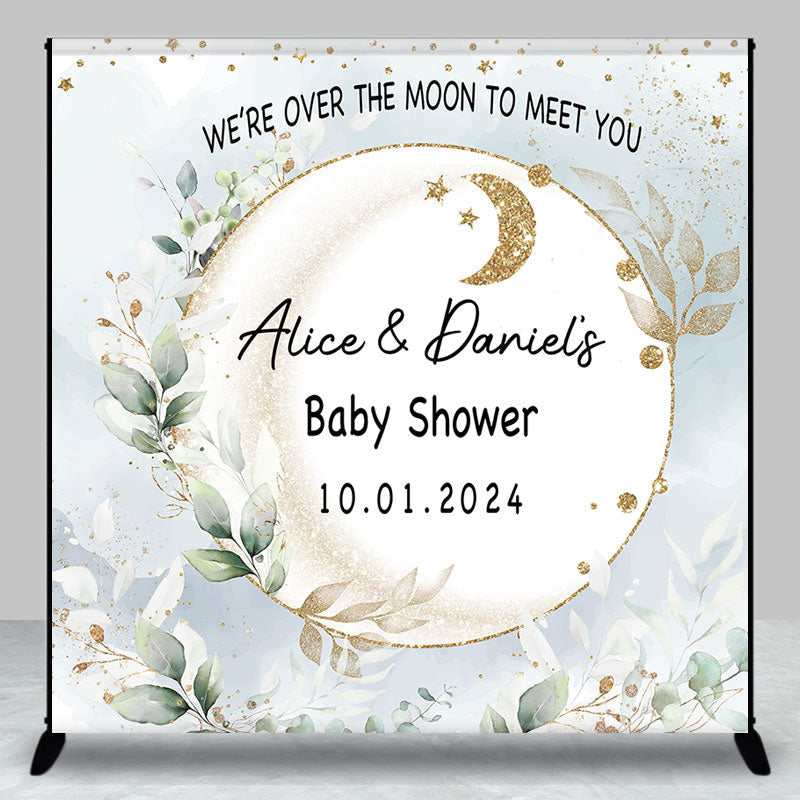 Aperturee - Leaves Moon Twins Custom Name Baby Shower Backdrop