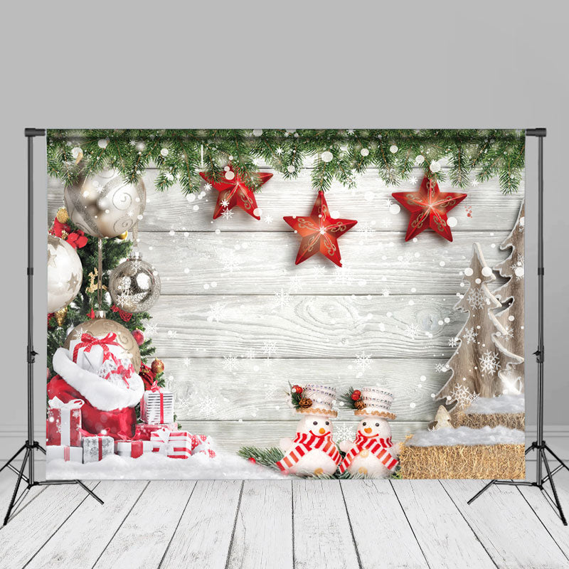 Aperturee - Leaves Stars Snowflake White Wood Christmas Backdrop