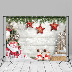 Aperturee - Leaves Stars Snowflake White Wood Christmas Backdrop