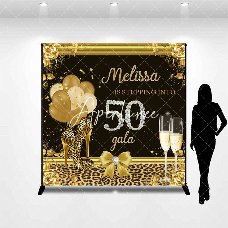 Aperturee - Leopard Heels Golden Floral Custom Birthday Backdrop