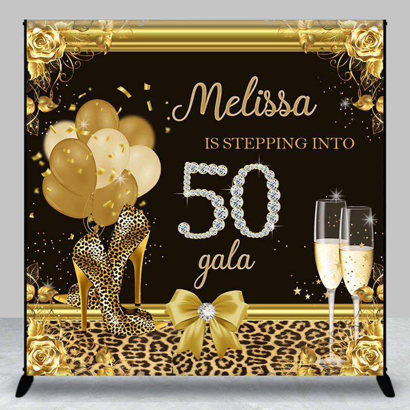 Aperturee - Leopard Heels Golden Floral Custom Birthday Backdrop