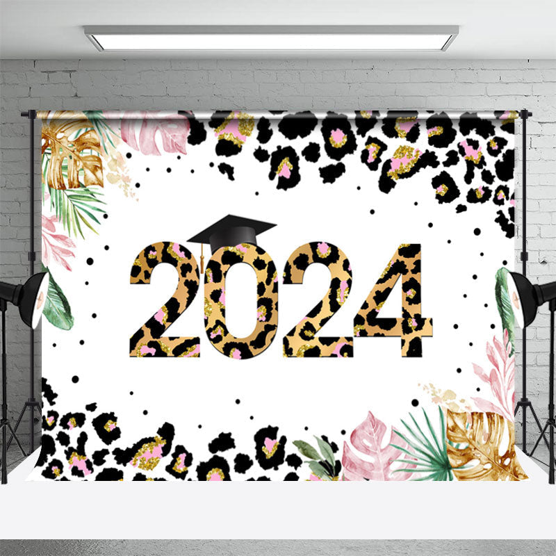 Aperturee - Leopard Leaves Graduate Boho 2023 Backdrop For Photo