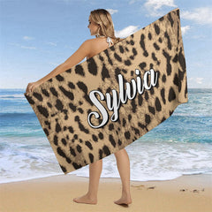 Aperturee - Leopard Personalized Name Beach Towel Gifts for Women