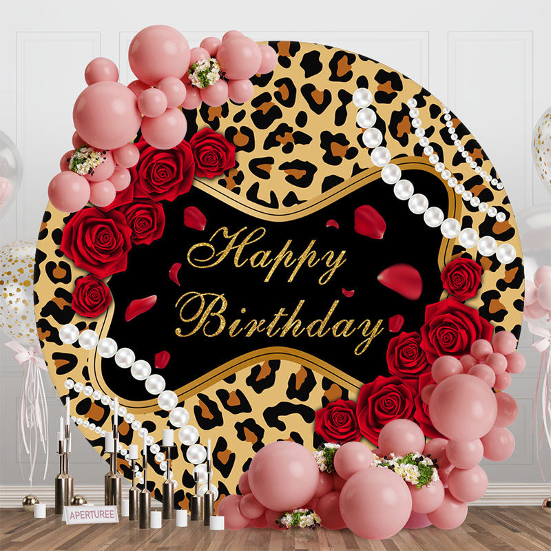 Aperturee - Leopard Red Rose Pearl Round Happy Birthday Backdrop