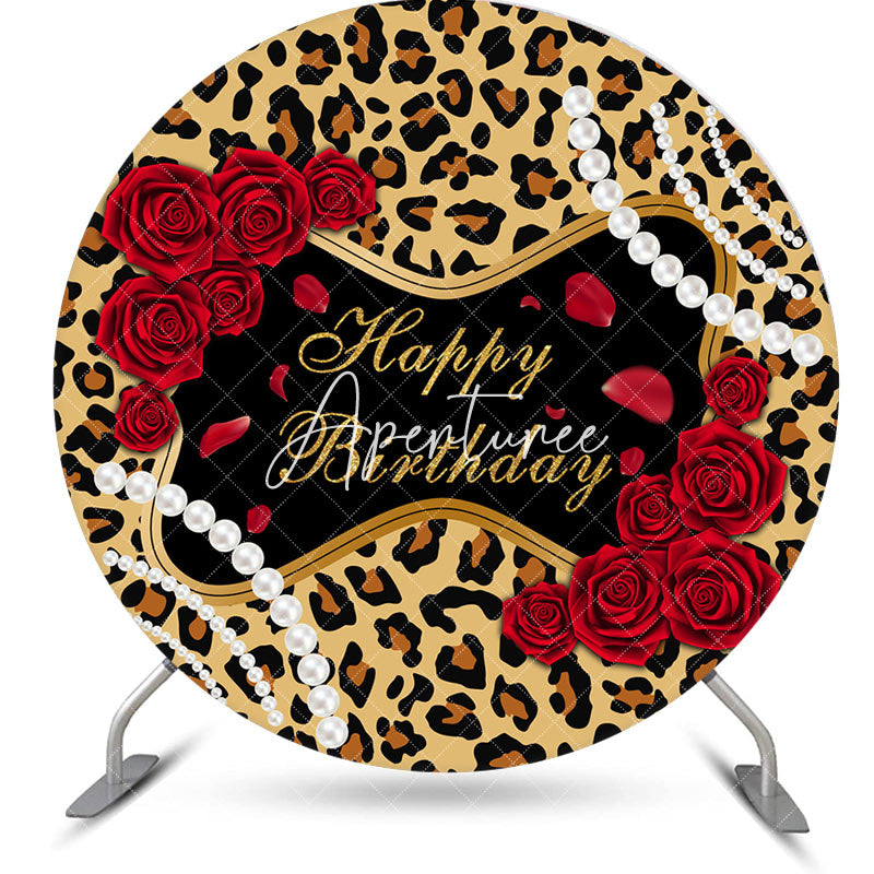 Aperturee - Leopard Red Rose Pearl Round Happy Birthday Backdrop