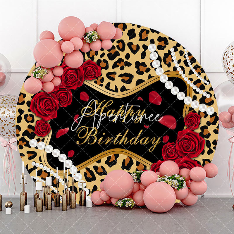 Aperturee - Leopard Red Rose Pearl Round Happy Birthday Backdrop