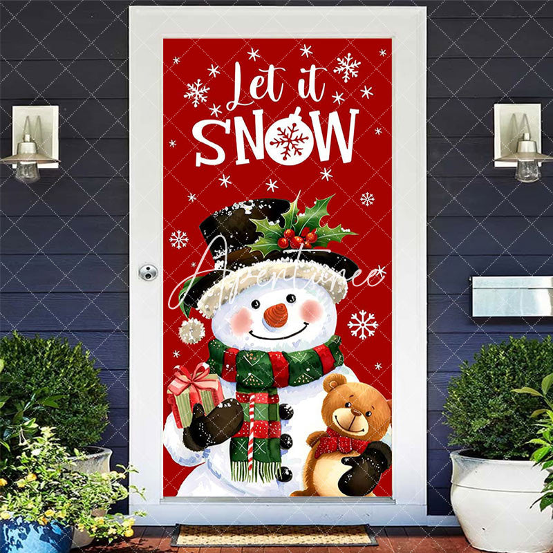 Aperturee - Let It Snow Snowman Bear Red Christmas Door Cover